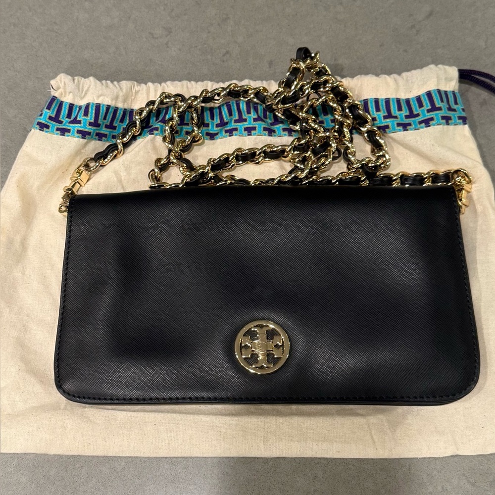 Tory Burch Authentic Leather Black Crossbody with Gold Accents Black/Gold chain